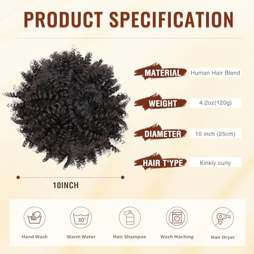 EonLuxe 04/10 Inch Dark Brown Afro Puff Drawstring Ponytail Extension for Black Women, Kinky Curly Synthetic Hair, Fluffy Protective Style
