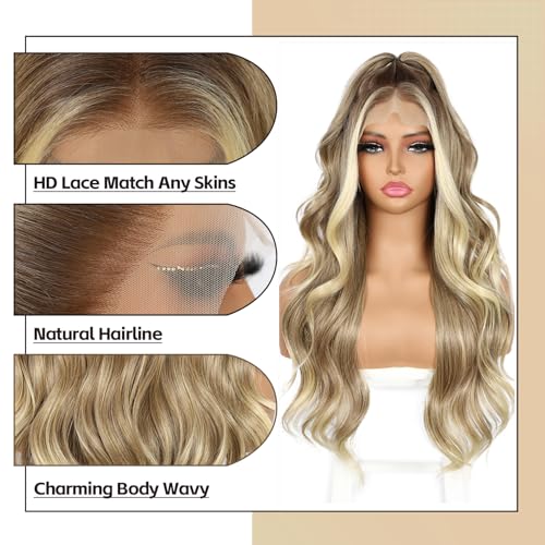 Ash Blonde Lace Front Wig 13x4 Inches Pre-Plucked Synthetic Wavy Hair