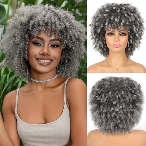 Looxey 12 Inch Grey & White Afro Kinky Curly Wig with Bangs - Glueless Synthetic Short Curly Hair for Daily & Party Use