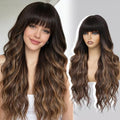 26 Inch Brown Highlights Blonde Wavy Wig with Bangs - Synthetic, Heat-Resistant Hairpiece