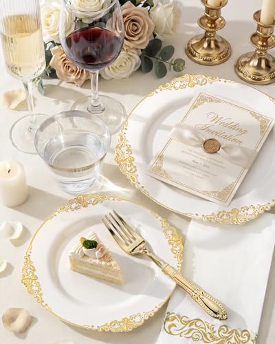 Morejoy Ivory and Gold Plastic Dinnerware Set 350PCS – Elegant Disposable Plates, Cups & Utensils for Events