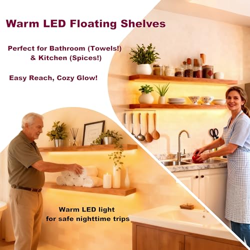 Walnut Floating Shelves Set of 2 - 36 Inch Wall Shelves with LED Light, Rustic Modern Design