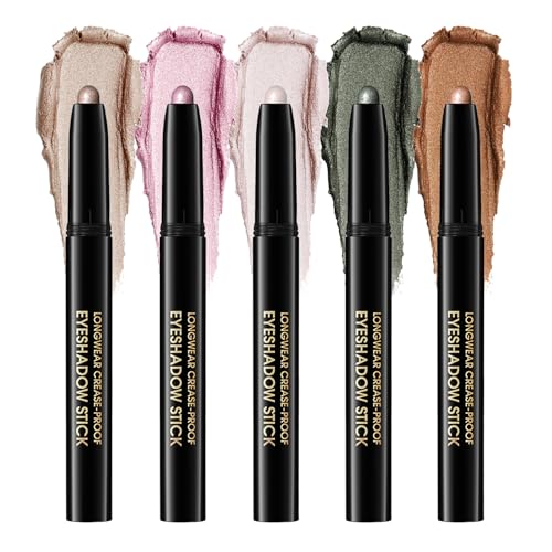 Chifure Eyeshadow Stick, Shimmer and Matte Cream Eye Shadow Brightener Sticks Eyeliner Pencil Crayon, Waterproof Long Lasting Eye Highlighter Stick Makeup,0.056 Oz (5PCS Shimmer)