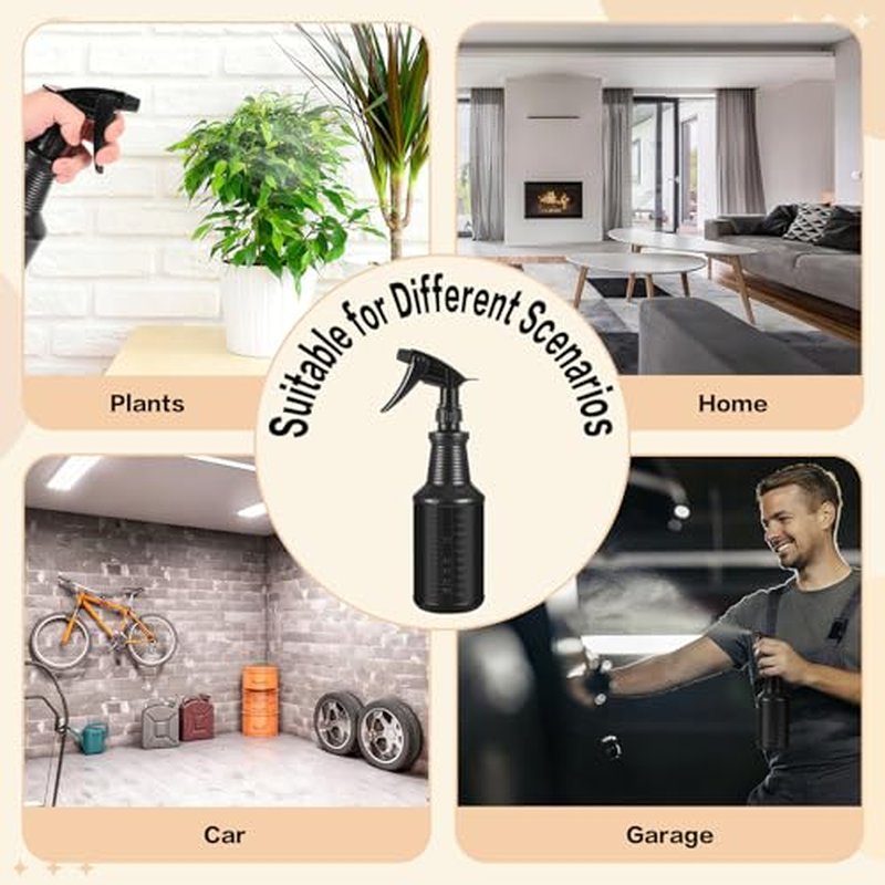 4 Pcs Black Plastic Spray Bottles 24 Oz Empty Spray Bottles Clear Refillable Container with Adjustable Head Sprayer and Stream Leak-Proof Sprayers for Water, Essential Oils, Hair, Cleaning Products