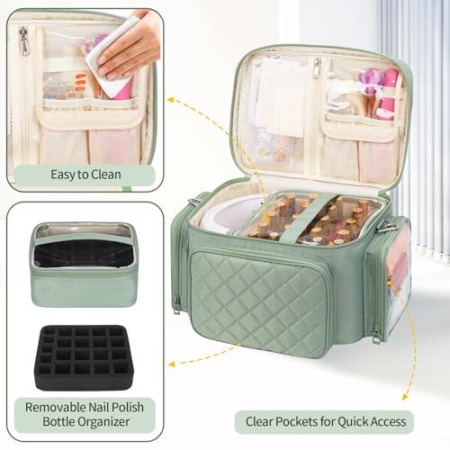 Nail Polish Organizer, Nail Polish Storage Holds 42+ Bottles & Nail Lamp, Portable Travel Nail Kit Storage Carrying Case Fits Nail Suppiles, Gift for Manicurist, Grils - Green
