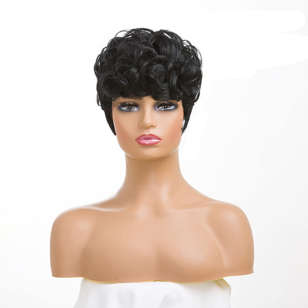 MOONSHOW Short Pixie Wigs for Black Women Short Black Curly Pixie Wig Synthetic Short Hair Wigs for Black Women Natural Wavy Black Pixie Cut Wig (Natural Black)