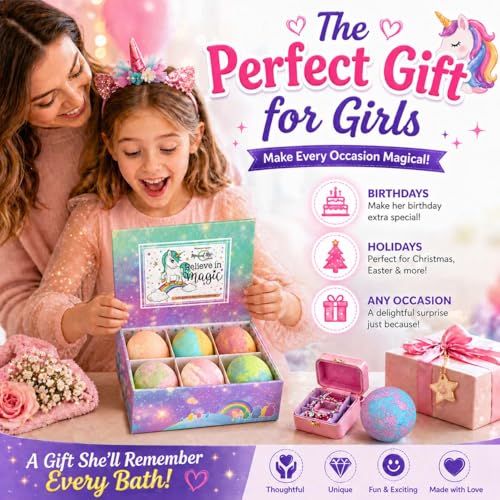 Unicorn Bath Bombs for Kids with Surprise Jewelry - 6 Pack, Organic & Scented