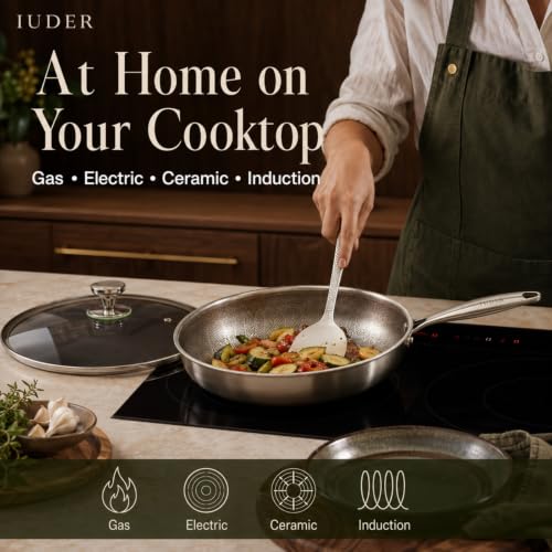 IUDER 12-Inch Titanium Frying Pan with Lid, Coating-Free, Hammered Surface