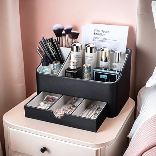 KINGFOM Leather Makeup Organizer with Drawer - Black Cosmetic Storage for Vanity & Countertop