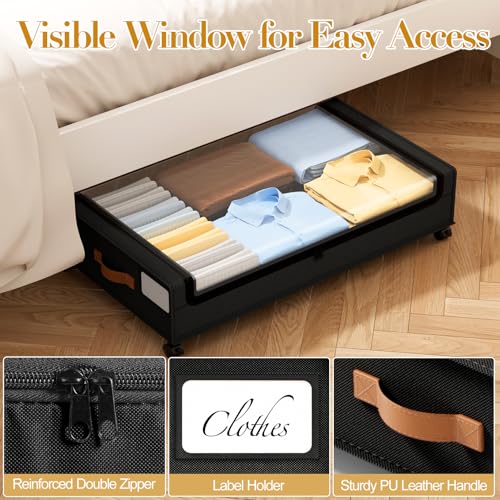Yecaye Black 60L Under Bed Storage with Wheels - 4 Pack