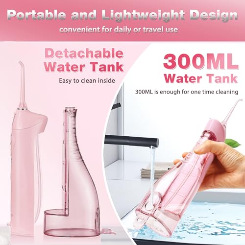 Pink Cordless Water Flosser with 3 Modes, 1400-2000 Pulses, 300ml Tank