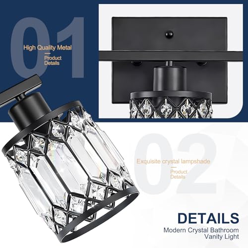 Black 4-Light Modern Crystal Bathroom Vanity Wall Light Fixture - ETL Certified