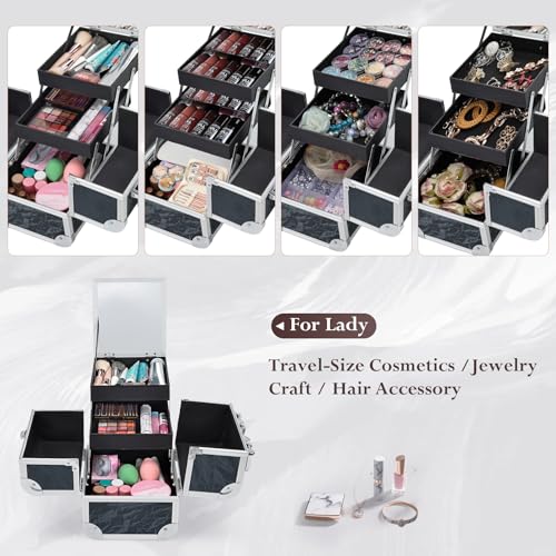 Costravio Makeup Case Train Case Portable Makeup Box with Mirror Lock Box Travel Cosmetic Train Cases Hard Make Up Organizer for Girls Nail Craft Storage Vanity Misty Hills Black