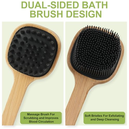 Silicone Back Scrubber for Shower, 2PCS Silicone Bath Body Brush Loofah with Long Handle, Dual-Sided Shower Brush for Body, Black Exfoliating Body Scrubber for Men Women, Back Washer for Men with Hook