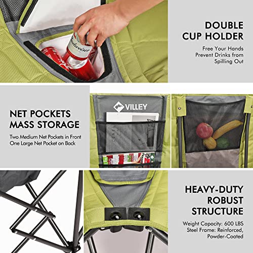 Green VILLEY Double Camping Chair with Cooler Bag, Wide Loveseat, Heavy Duty Foldable Couch, Portable Steel Frame, 600 lbs Capacity