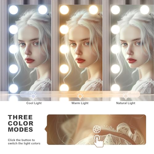 Hasipu Vanity Mirror with Lights and Bluetooth Speaker, 17.7" x 13.8" Hollywood Mirror, Makeup Mirror with 14 Dimmable Bulbs and 10X Magnification, 3 Colors Modes, 360¡Æ Rotation, White