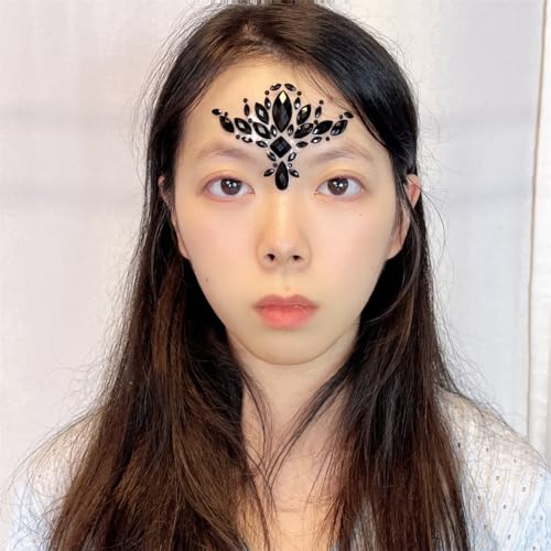 Topz Black Flower Face Jewels for Halloween Costume Makeup - Cat Women Mermaid Day of the Dead Gems Stick-on Tattoos Fairy Accessories (Black-S095)