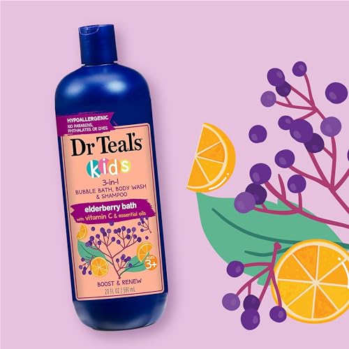 Dr Teal's Kids 3-in-1 Bubble Bath, Body Wash & Shampoo with Melatonin & Essential Oils, Boost & Renew Elderberry with Vitamin C