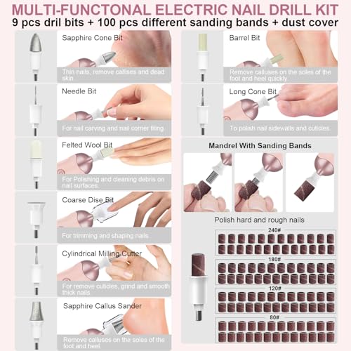 Pink Cordless Electric Nail Drill Manicure Pedicure Kit 9-in-1 with 100 Bits