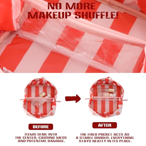 Travel Makeup Bag Pink-Orange Striped Waterproof Cosmetic Organizer