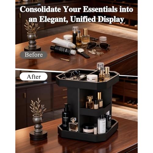 HWZ Wooden Cologne Organizer for Men, Cologne Stand, 360 Rotating, Massive 3 Shelf Storage Unit, Elegant Display Holder for Perfume & Accessories, Bedroom Essentials, Ideal Gift for Loved ones