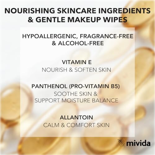 mivida Fragrance-Free Hypoallergenic Makeup Remover Wipes Bulk Pack of 4 x 50 (200 Count), Sensitive Skin, Vitamin E, Dermatologist Tested
