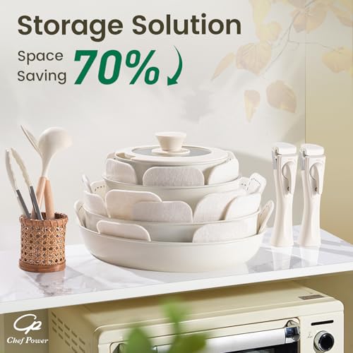 Ceramic Nonstick Cookware Set 19 Pieces with Detachable Handle - Induction Oven Safe Kitchen Pots and Pans