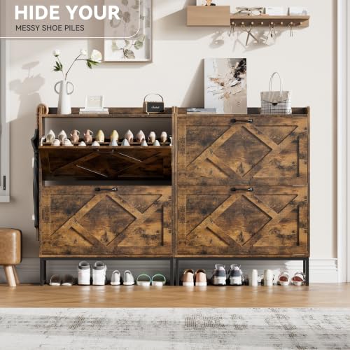 Nicetree Rustic Brown Shoe Storage Cabinet with 2 Flip Drawers - Farmhouse Entryway Organizer