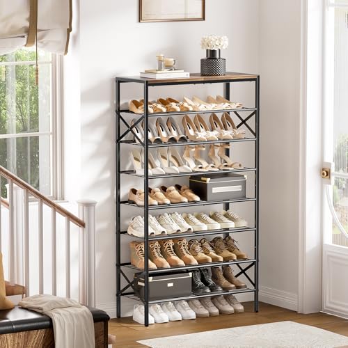 Rustic Brown 8-Tier Metal Shoe Rack with Wooden Top, Holds 24-32 Pairs