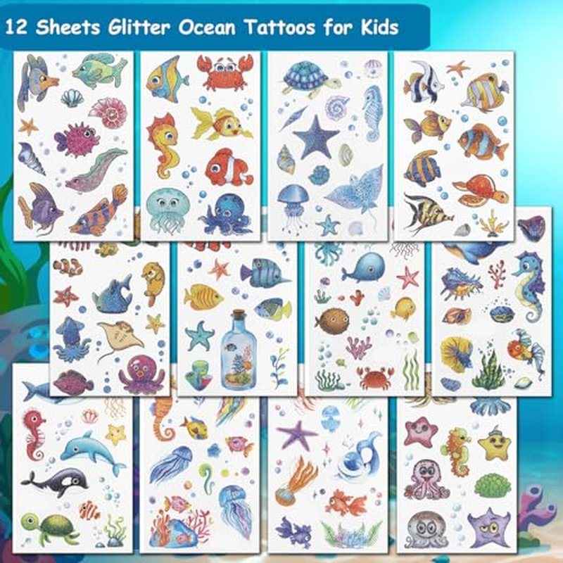 120 Glitter Styles Under the Sea Creature Temporary Tattoos for Kids Party Supplies - Sea Creature Tattoos for Boys Girls Ocean Birthday Party Favors Goodie Bag Fillers