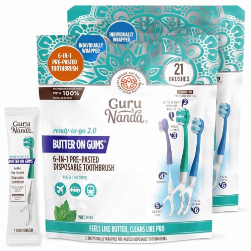 Disposable 6-in-1 Travel Toothbrush Pack of 2 - Floss, Tongue Cleaner & Toothpick