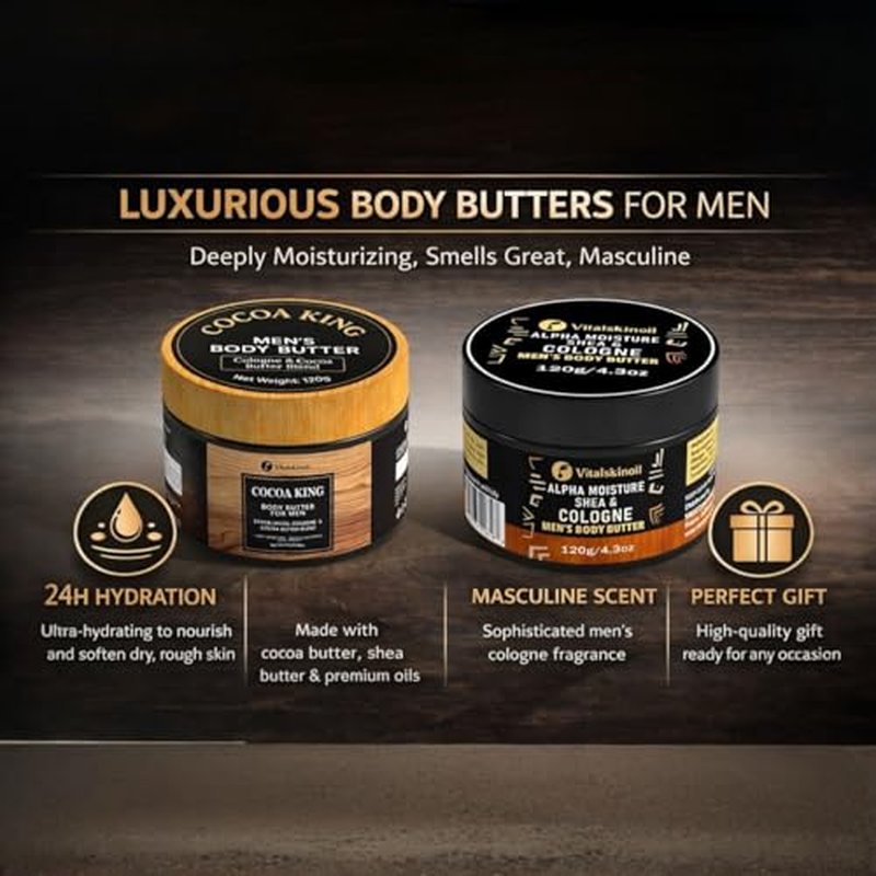 Body Butter for Men Set of 2, Shea Cologne and Cocoa King Set, Body Moisturizer for Men.