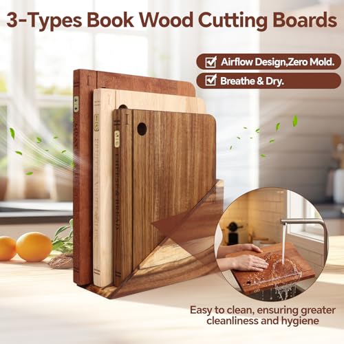 Wood Book Cutting Board Set with Stand - Acacia, Rubber, Ebony Large/Medium - Kitchen Decor & Food Prep