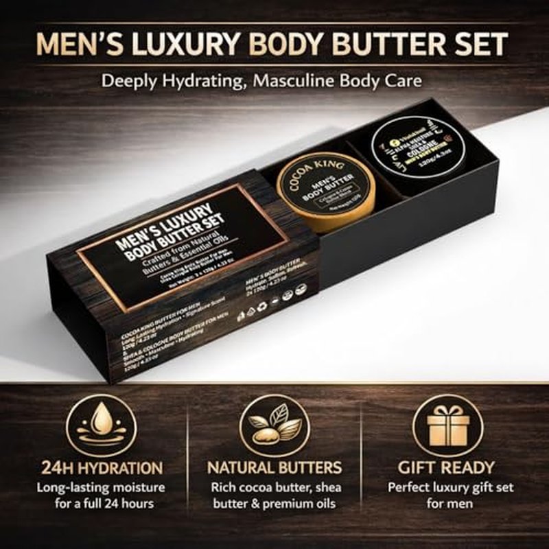 Body Butter for Men Set of 2, Shea Cologne and Cocoa King Set, Body Moisturizer for Men.