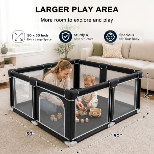 Black Foldable Baby Playpen 50x50 Inches with Mesh Walls & Mat - Portable Toddler Play Yard