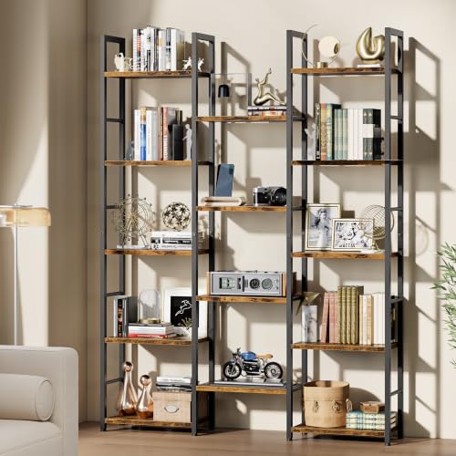 Shintenchi 5 Tier Large Bookcase - Tall Open Shelves Triple Bookcase