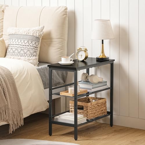 Black 3-Tier Metal Side Table with Adjustable Shelves - Small Space Nightstand