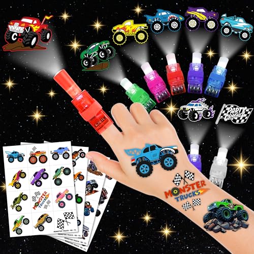 72 PCS Monster Truck Party Favors - 48 PCS Temporary Tattoos & 24 PCS LED Finger Lights Combo - Birthday Goodie Bag Fillers, Light Up Toys, Party Supplies for Kids