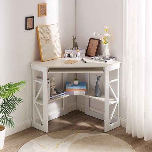 White Corner Desk with Keyboard Tray & Storage Shelves - Compact Triangle Office Table