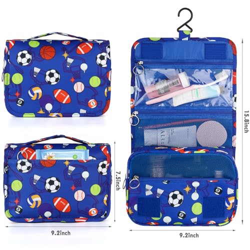 Kids Hanging Toiletry Bag for Boys - Blue Soccer Balls Travel Organizer Waterproof