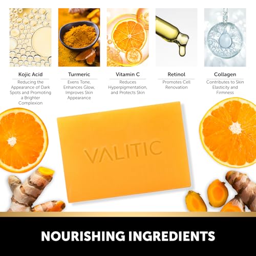 VALITIC Kojic Acid Vitamin C & Retinol Soap Bars 5.19 Ounce Pack of 4 with Exfoliating Gloves