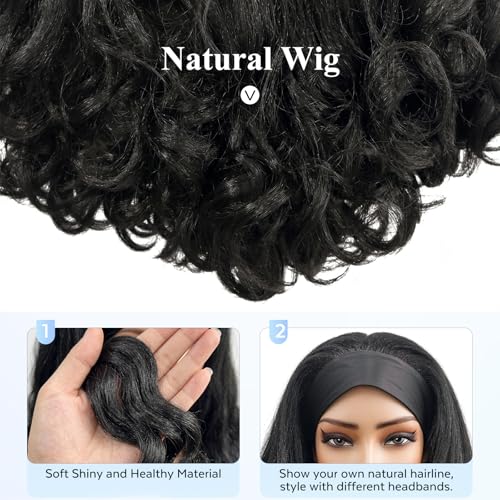 Yaki Curly Headband Wig for Black Women - 16 Inch, Black-5, 180% Density, Glueless, Curly Ends