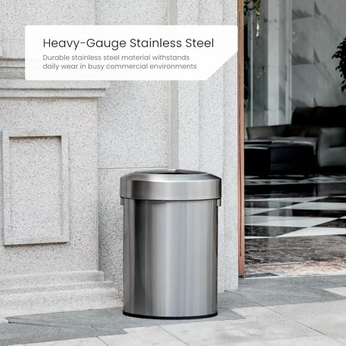 Commercial 16-Gallon Stainless Steel Trash Can with Open Top Lid - Brushed Silver, Triangular