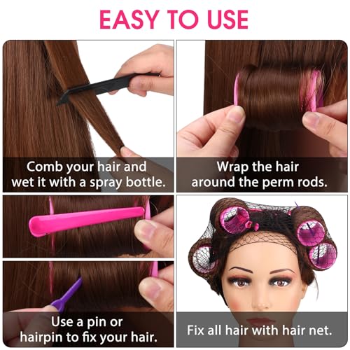 Plastic Hair Curlers Set with Pins Clips & Hair Nets - Multiple Sizes