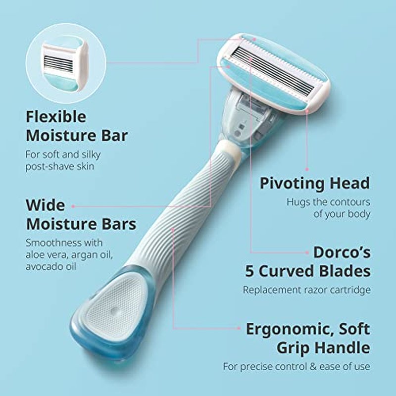 DORCO eve Pack of 5 Razors for Extra Smooth Shaving (No Razor Handle, 8 Piece Razor Blade Refills), Razors for Shaving with Aloe Vera Moisture Bar, Interchangeable Cartridge for Sensitive Skin