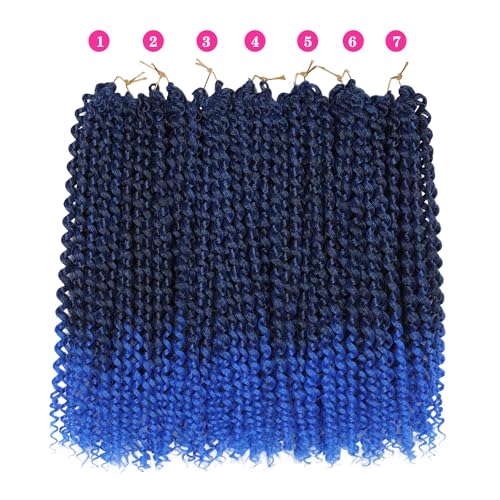 8 Inch Ombre Blue Passion Twist Hair - Water Wave Crochet Hair 22 Strands Pack - Blue Variation