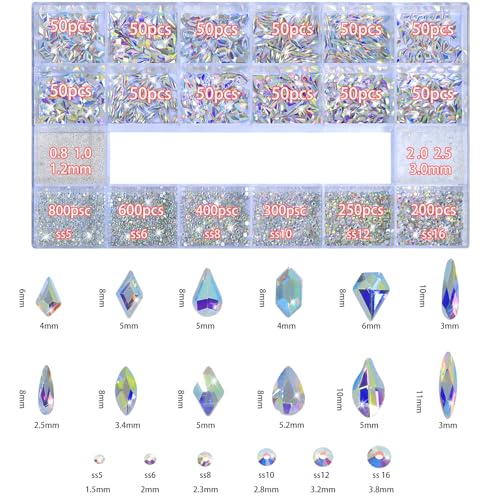 DZHILHMX AB Nail Rhinestones Set with 12 Types & 600 Multi-Size Crystals for Nail Art Decor