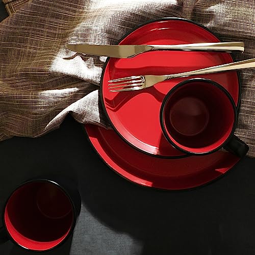 Stoneware Dinnerware Set for 4 - 16 Pieces, Red & Black, Modern Design