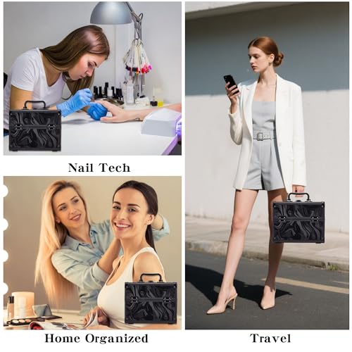 Portable Makeup Train Case with Mirror & 2 Trays - Black Pattern, Travel Cosmetic Organizer