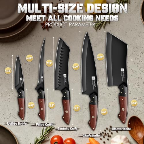 TIVOLI 5-Piece Kitchen Knife Set with Full Tang Wooden Handles - Japanese German Steel, Black Shield Coating - Variation 8.1